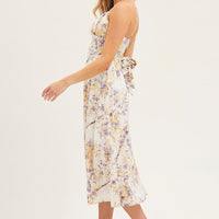 Abstract Print Gathered Bust Tie Back Midi Dress