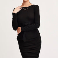 Black Bodycon Dress Long Sleeve Midi Ruched