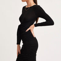 Black Bodycon Dress Long Sleeve Midi Ruched