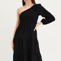 Black Dress One Shoulder Midi