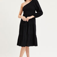 Black Dress One Shoulder Midi