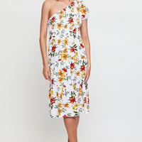 Black Print Midi Dress One Shoulder Short Sleeve