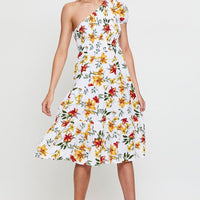 Black Print Midi Dress One Shoulder Short Sleeve