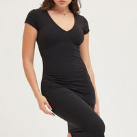 Black Jersey Dress Short Sleeve Midi Ribbed