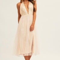 Black Midi Dress Backless V Neck Lace
