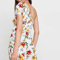 Black Print Midi Dress One Shoulder Short Sleeve