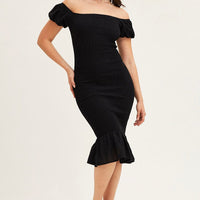 Black Shirred Midi Dress