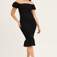 Black Shirred Midi Dress