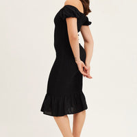 Black Shirred Midi Dress