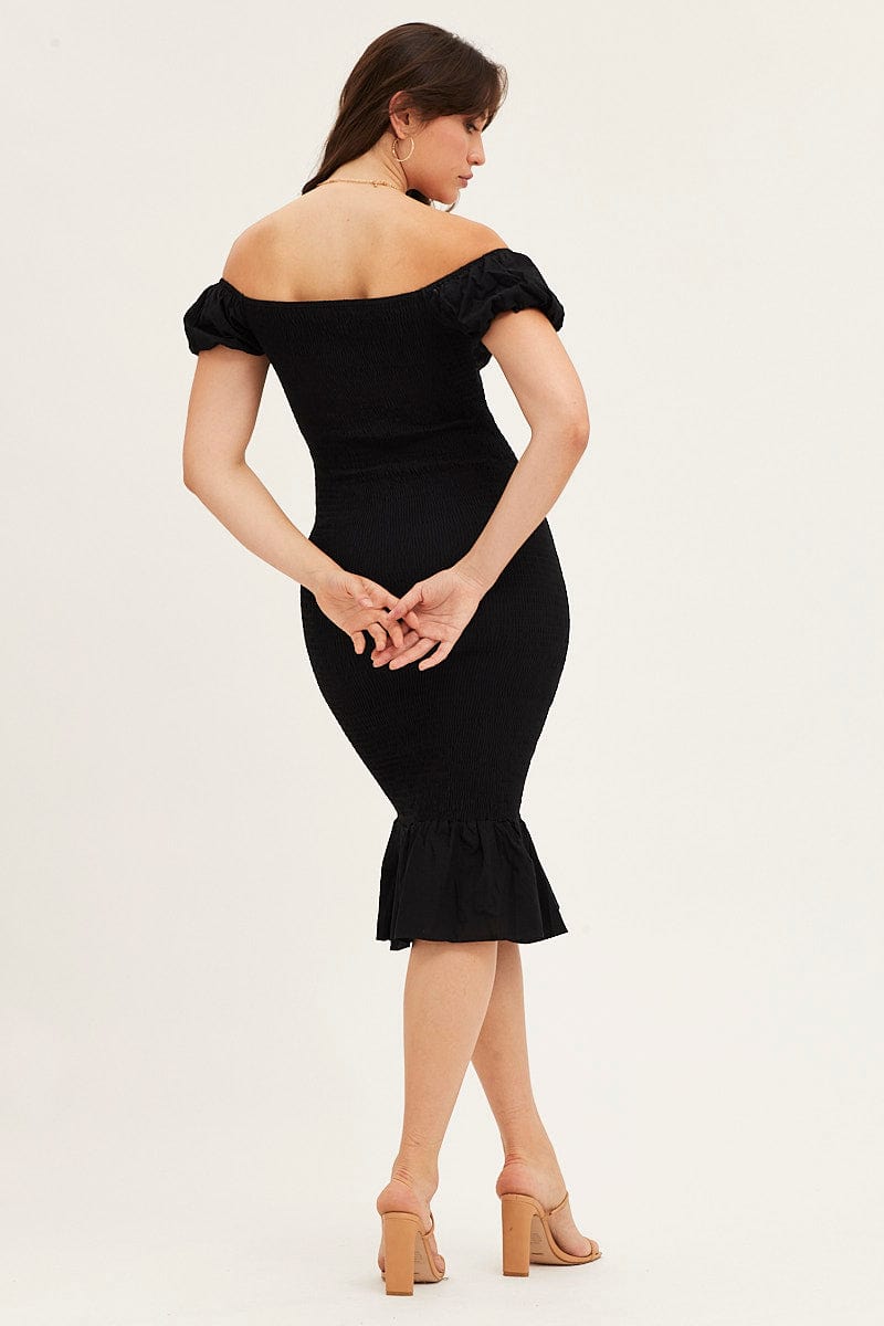 Black Shirred Midi Dress