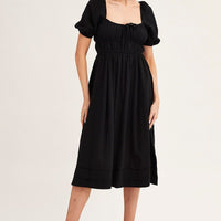 Black Short Sleeve Ruched Midi Dress