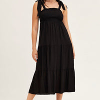 Black Tied Shoulder Tiered Midi Dress