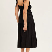 Black Tied Shoulder Tiered Midi Dress