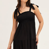 Black Tied Shoulder Tiered Midi Dress