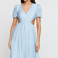 Blue Midi Dress Short Sleeve V Neck