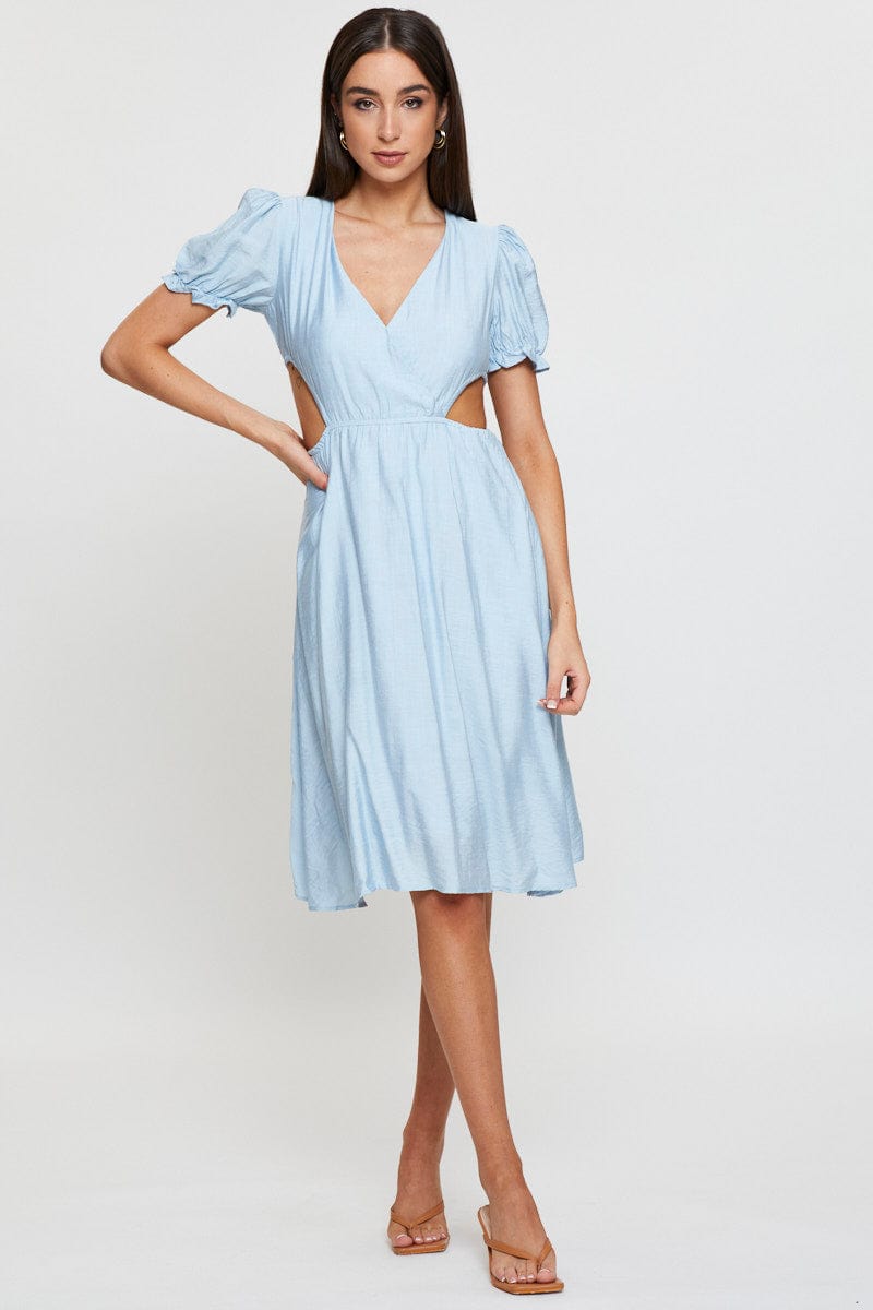 Blue Midi Dress Short Sleeve V Neck