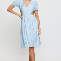 Blue Midi Dress Short Sleeve V Neck