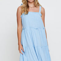 Blue Midi Dress Sleeveless Tie Shoulder