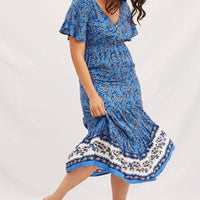 Boho Print V-Neck Short Sleeve Midi Dress