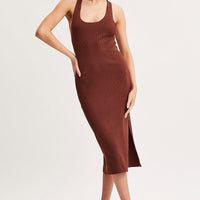 Brown Keyhole Dress Sleeveless Midi Knit