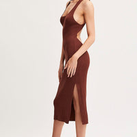 Brown Keyhole Dress Sleeveless Midi Knit