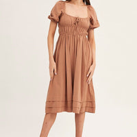 Brown Short Sleeve Ruched Midi Dress