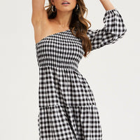 Check Dress One Shoulder Midi