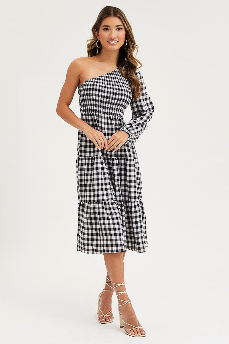 Check Dress One Shoulder Midi