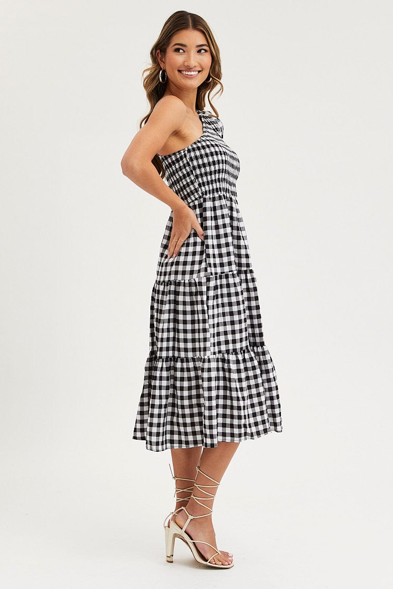 Check Dress One Shoulder Midi