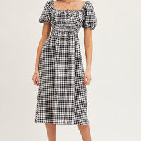 Check Dress Short Sleeve Midi Square Neck
