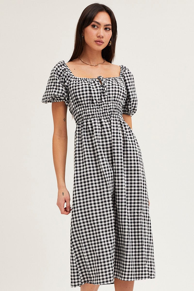 Check Dress Short Sleeve Midi Square Neck