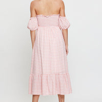 Check Midi Dress Off Shoulder Short Sleeve