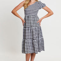 Check Midi Dress One Shoulder Short Sleeve