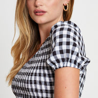 Check Midi Dress One Shoulder Short Sleeve