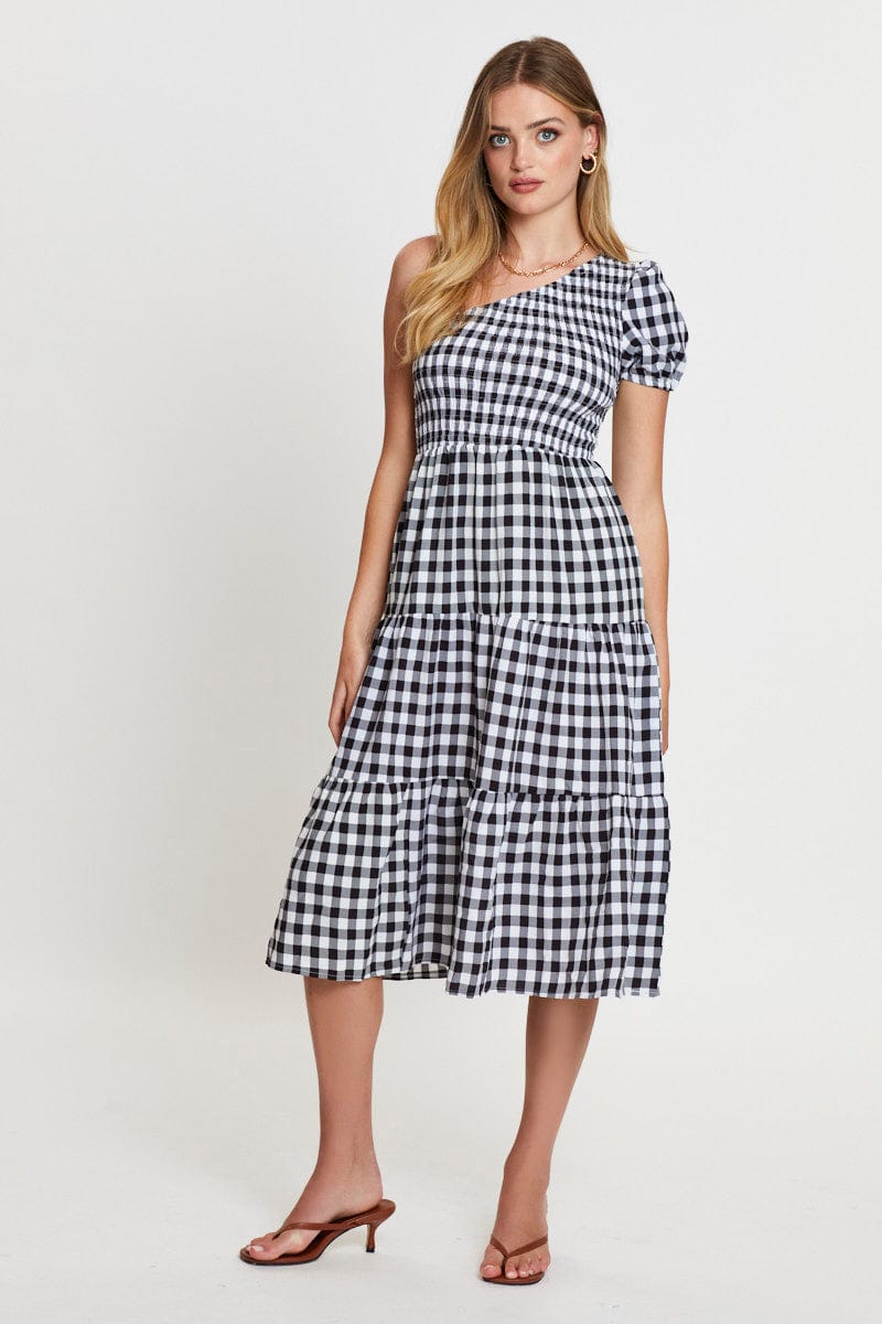 Check Midi Dress One Shoulder Short Sleeve