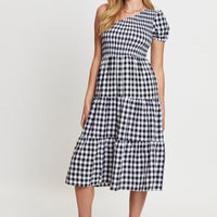 Check Midi Dress One Shoulder Short Sleeve