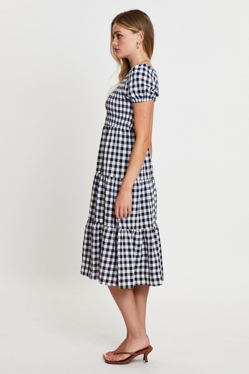 Check Midi Dress One Shoulder Short Sleeve