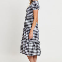Check Midi Dress One Shoulder Short Sleeve