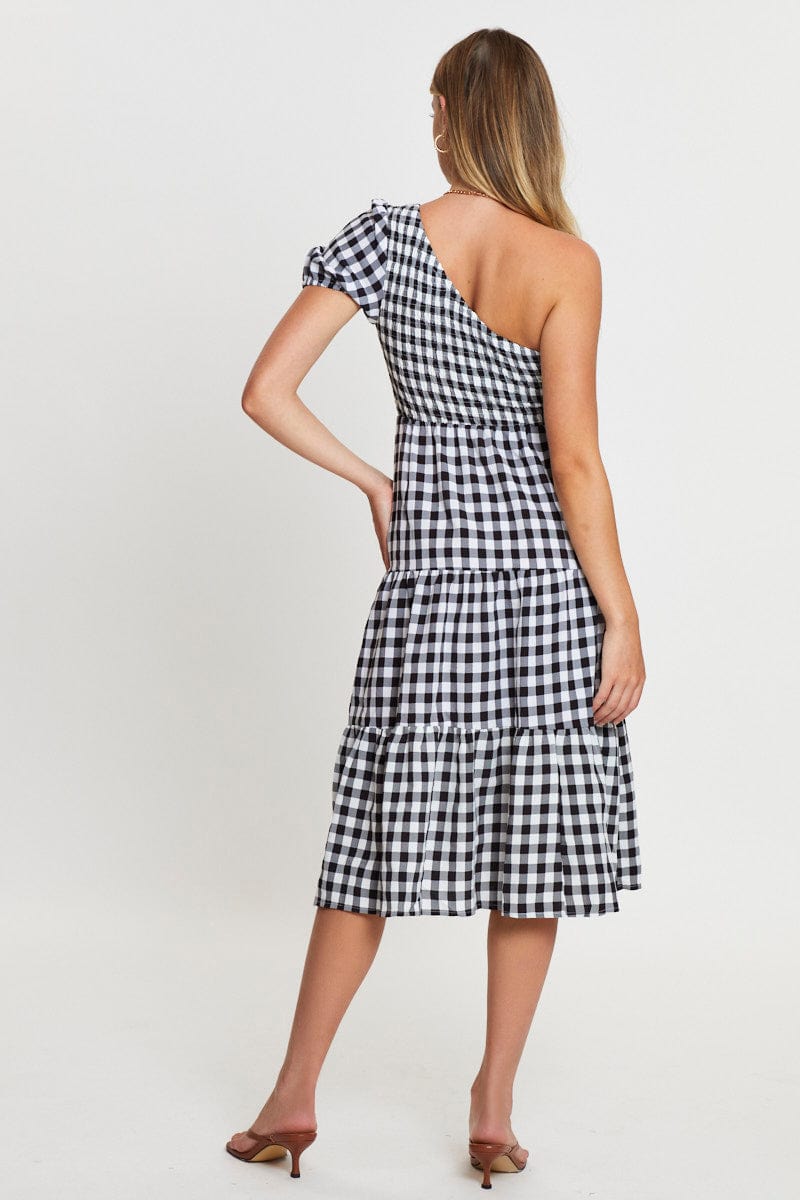 Check Midi Dress One Shoulder Short Sleeve
