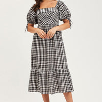 Check Midi Dress Short Sleeve Evening