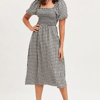 Check Midi Dress Short Sleeve Square Neck