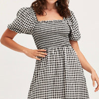 Check Midi Dress Short Sleeve Square Neck