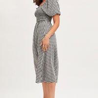 Check Midi Dress Short Sleeve Square Neck