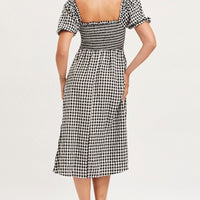 Check Midi Dress Short Sleeve Square Neck