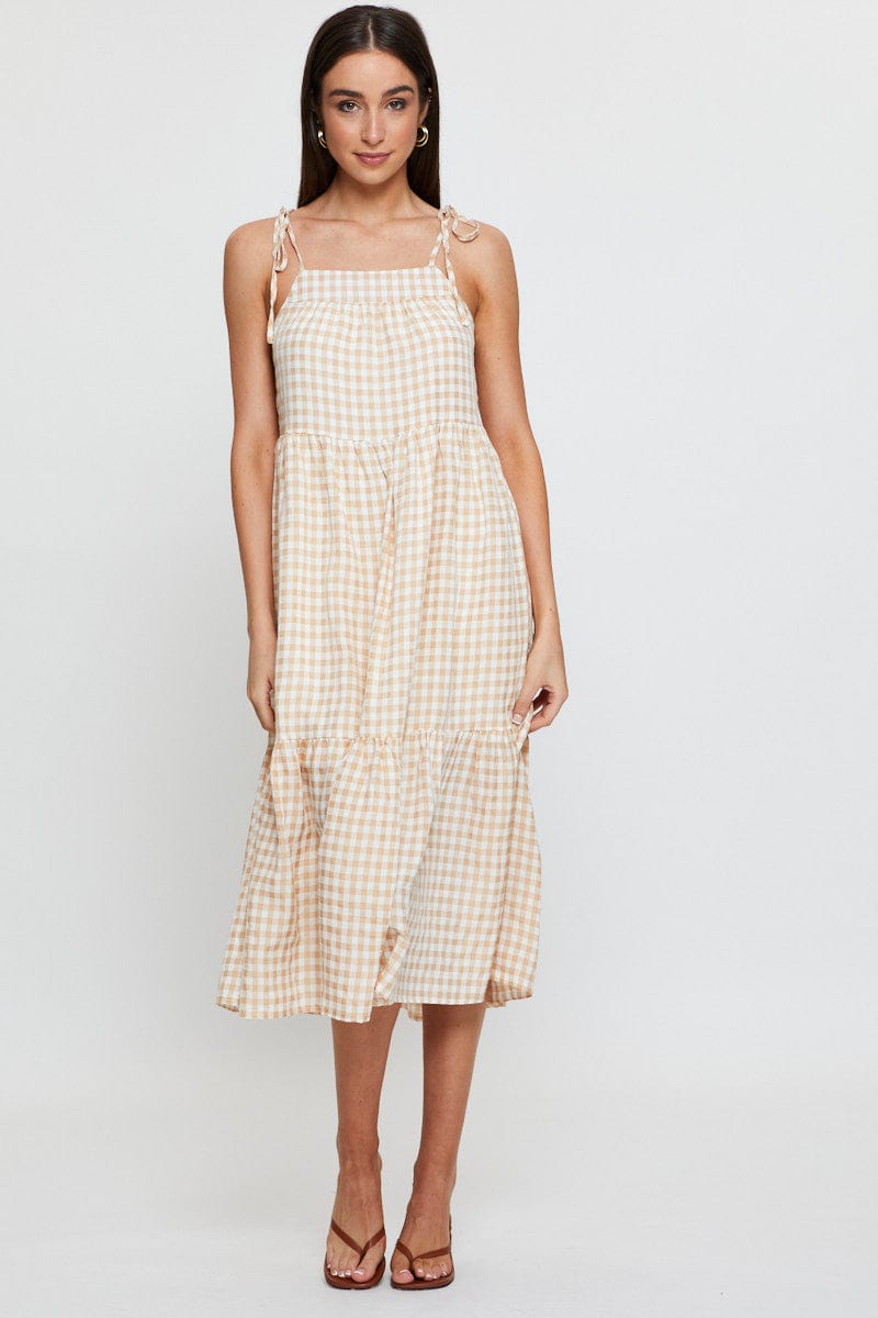 Check Midi Dress Sleeveless Tie Shoulder