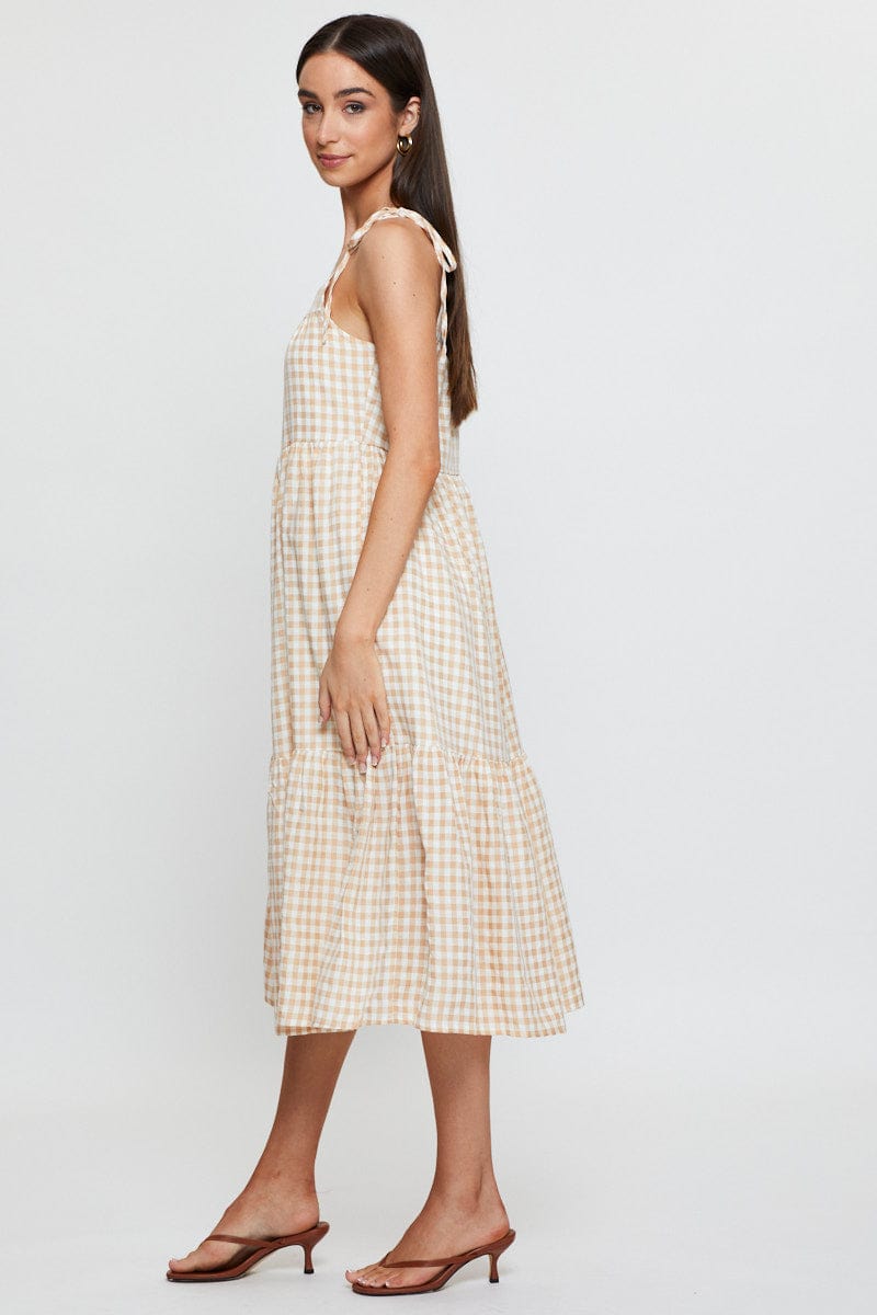 Check Midi Dress Sleeveless Tie Shoulder