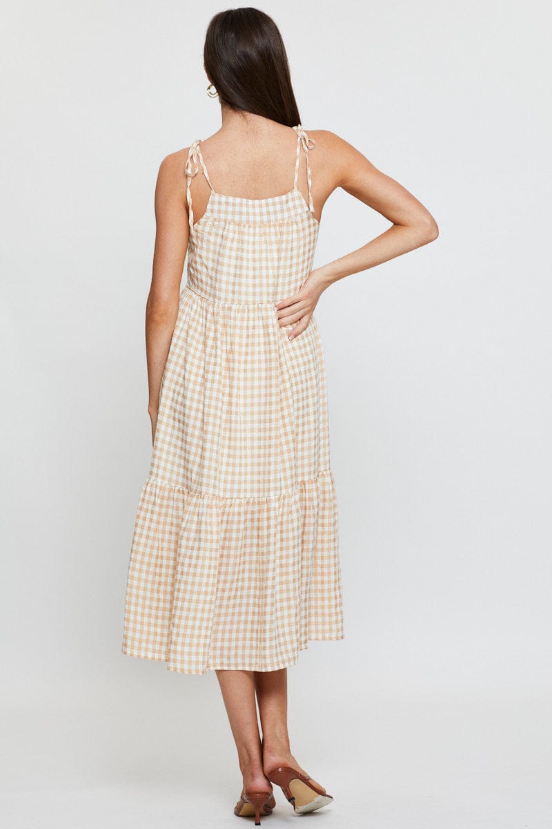 Check Midi Dress Sleeveless Tie Shoulder