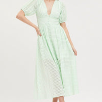 Check Puff Sleeve Midi Dress