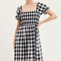 Check Shirred Dress Short Sleeve Midi