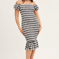 Check Shirred Midi Dress